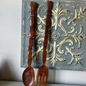 Vintage wood carved fork and spook wall hanging decor